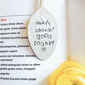 Whats Cookin&#39; Good Lookin&#39;, Vintage Bookmark, Stamped Spoon, Book Club Gift, Stamped Bookmark, Spoon Bookmark, Silver Bookmark, Cookbook