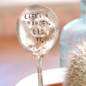 Hand Stamped Garden Marker, Rustic Garden Accessory, Vintage Silver Spoon, Silver Plated Flatware, Garden Quote, Antique, Stamped Silverware