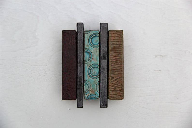 set of three textured tiles handmade tiles textured collage tiles