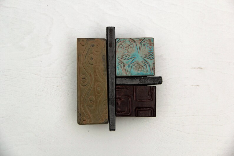 set of three textured tiles handmade tiles textured collage tiles