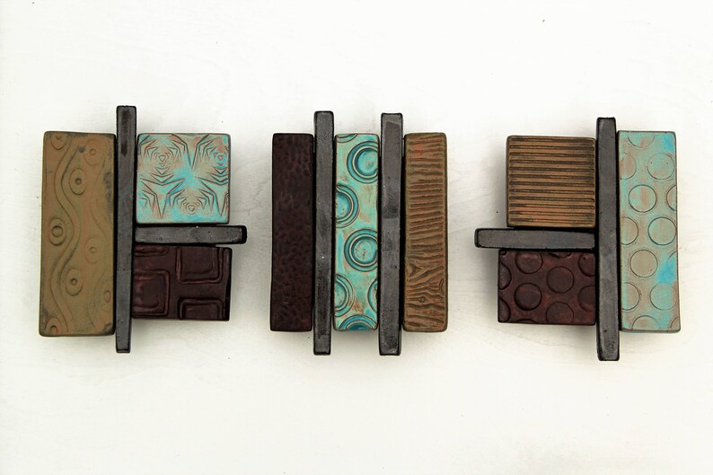 set of three textured tiles handmade tiles textured collage tiles