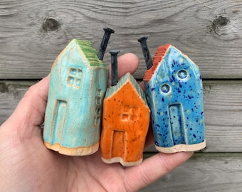 Set Of Three Handmade Ceramic Houses, Clay Houses, Ceramic Cottages, Tiny Houses, Shanties, Row Houses