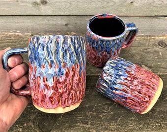 Handmade Mug, Ceramic Mug, Coffee Mug, Michigan Mug, Beverage Mug, Blue and Reddish Mauve Mug, Drip Style Mug