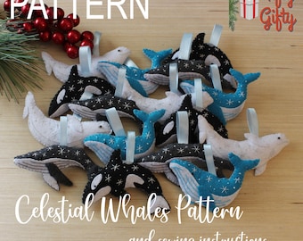 PATTERN--Celestial Whales Ornaments, Felt Whale Pattern, Sewing, Embroidery