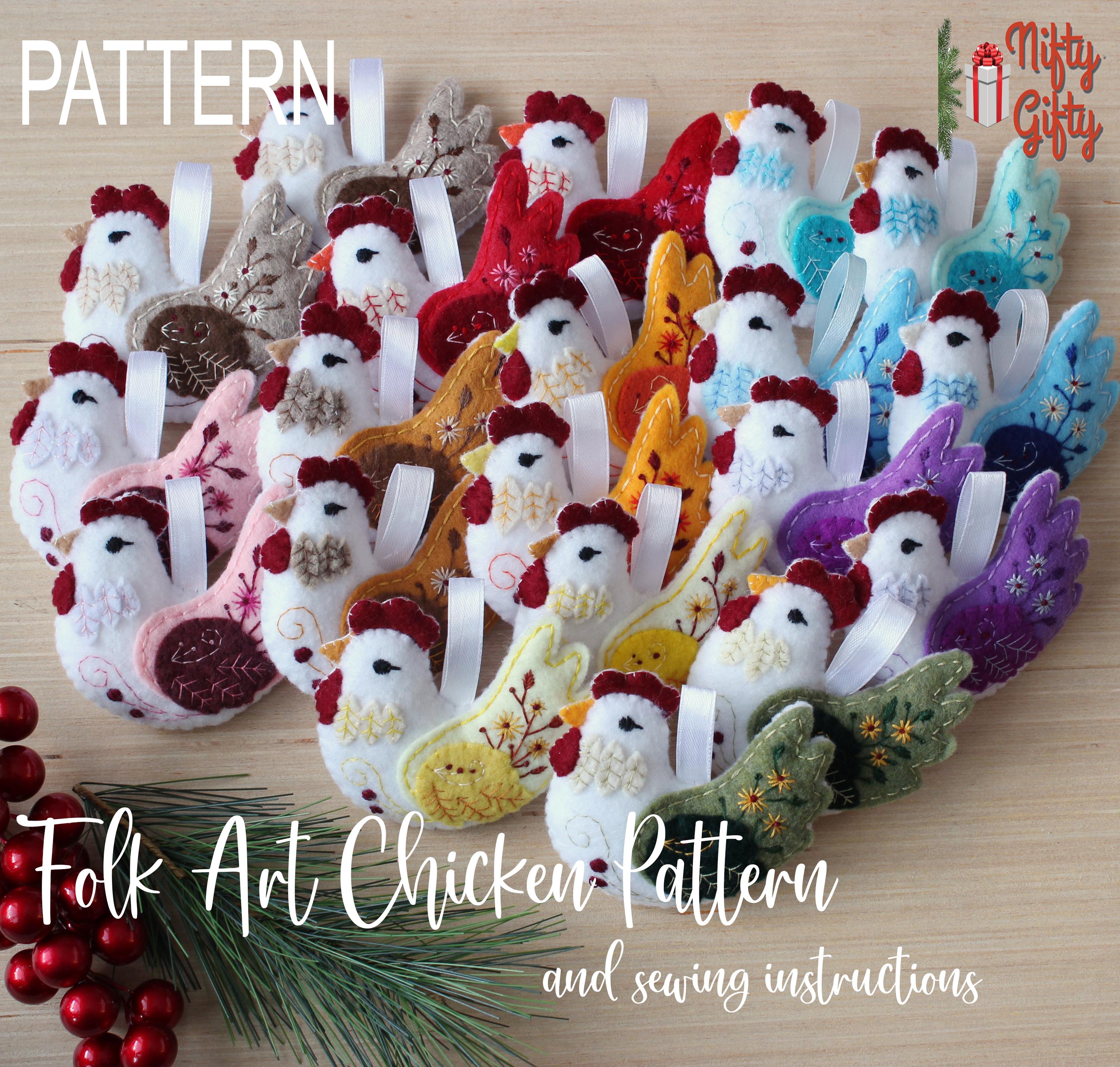 PATTERN--Folk Art Chicken, Felt Chicken Ornament, Felt Folk Art Hen Pattern, Sewing, Embroidery