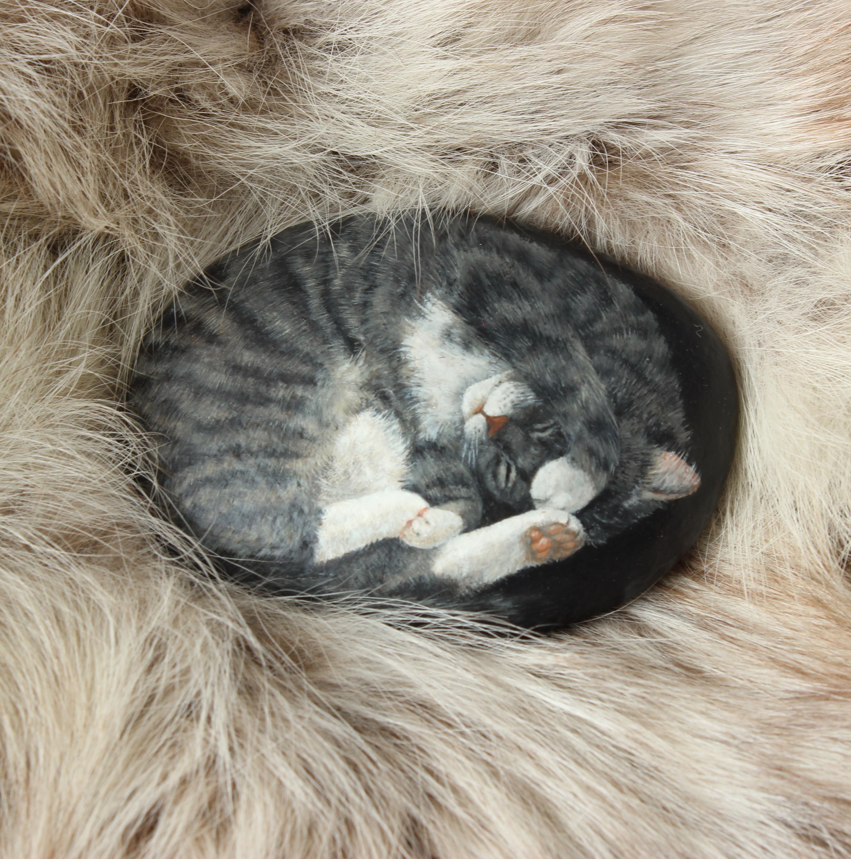 Painted Rock Sleeping Cat--Black-Grey Tuxedo Tabby