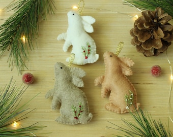 Woodland Rabbits--Three Heirloom Felt Ornaments--Bunny Rabbit Ornaments