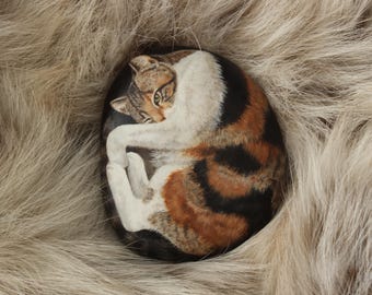 Hand Painted Cat Rock--Calico Cat Just Waking Up