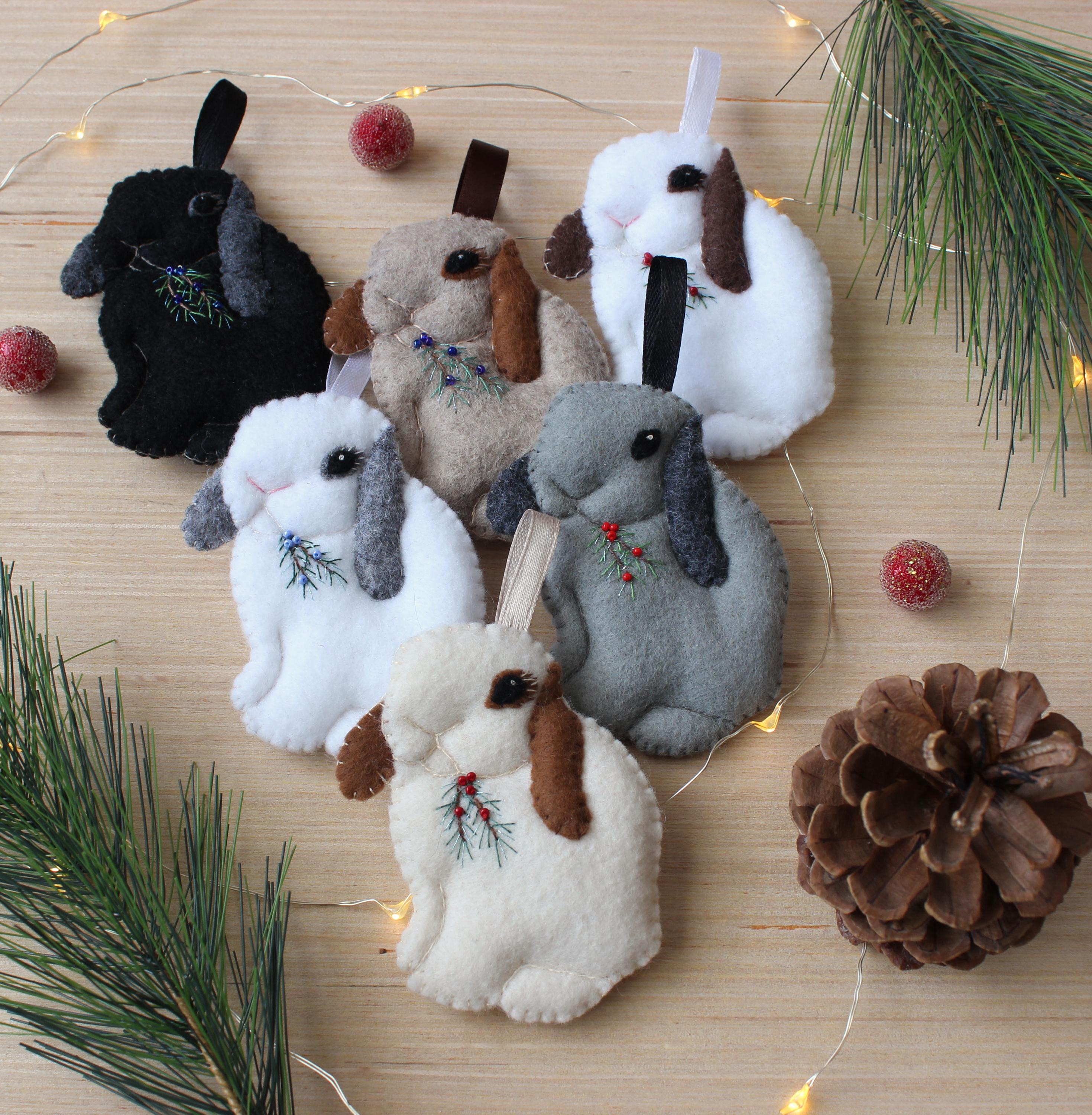 Lop Bunny Felt Ornament, Lop-eared Rabbit Heirloom Felt Ornaments in Six Colours