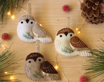 Woodland Birbs--Glitzy Gold--Cute Birds Heirloom Felt Ornaments