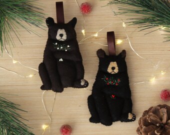 Friendly Black Bears--Woodland Friends Series--Pair of Bears--Two Heirloom Felt Ornaments