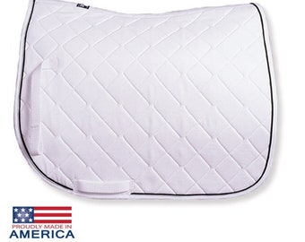 May include: White quilted saddle pad with black binding.  The saddle pad has a diamond pattern and a strap on the side.  "Proudly Made in America" is printed on a small American flag.