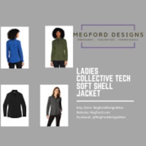 May include: Four different color variations of a women's soft shell jacket. The jacket is a dark blue, a dark green, a black, and a gray. The jacket has a zipper closure and a stand-up collar.