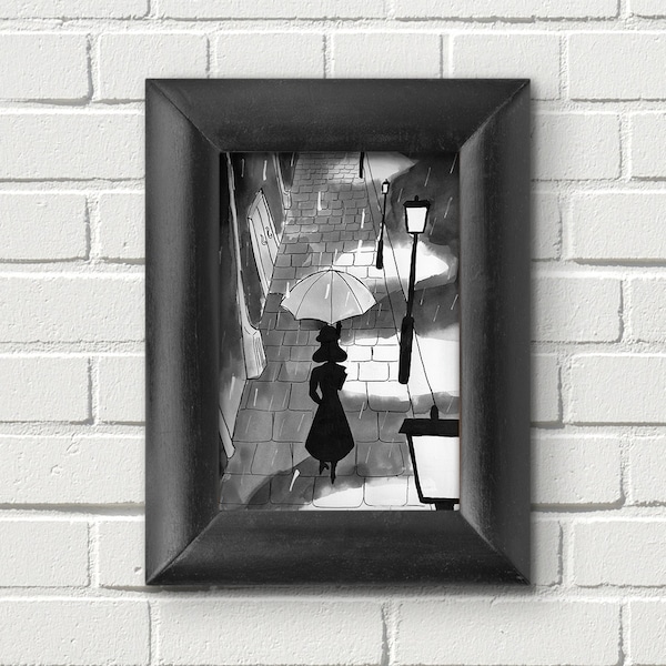 Noir Rain Black and White Rainy Day Illustration - Film Noir Art print, ink wash, 1940s