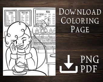 Adult Coloring Page Magical Coffee Shop Download, Witchy Barista Coloring Page, Halloween Coloring Page, Fall Coloring Page
