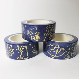Space Cats Gold Foil Washi Tape Stars, Celestial, Purple, Blue, Watercolor, Kitty image 3