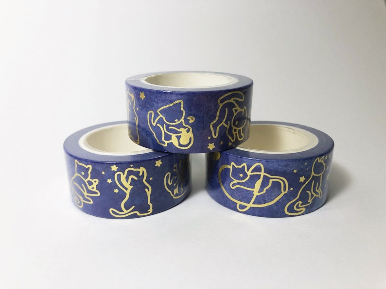 Space Cats Gold Foil Washi Tape Stars, Celestial, Purple, Blue, Watercolor, Kitty image 3