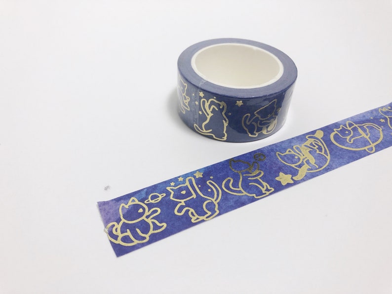 Space Cats Gold Foil Washi Tape Stars, Celestial, Purple, Blue, Watercolor, Kitty image 6