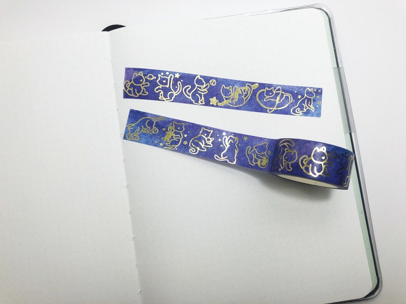 Space Cats Gold Foil Washi Tape Stars, Celestial, Purple, Blue, Watercolor, Kitty image 2