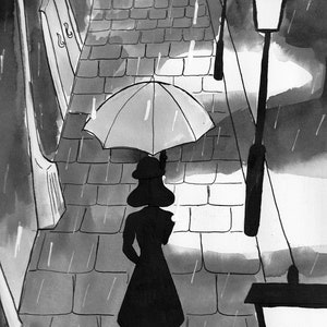 Noir Rain Black and White Rainy Day Illustration Film Noir Art print, ink wash, 1940s image 2