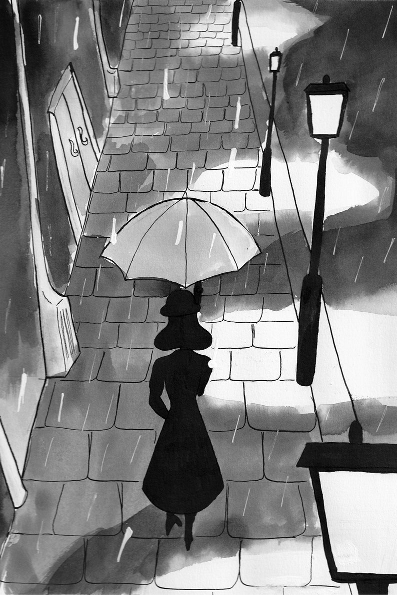 Noir Rain Black and White Rainy Day Illustration Film Noir Art print, ink wash, 1940s image 2