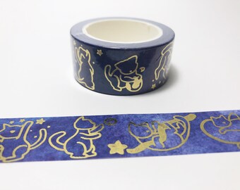 Space Cats Gold Foil Washi Tape - Stars, Celestial, Purple, Blue, Watercolor, Kitty