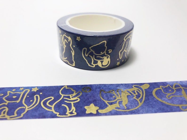 Space Cats Gold Foil Washi Tape Stars, Celestial, Purple, Blue, Watercolor, Kitty image 1