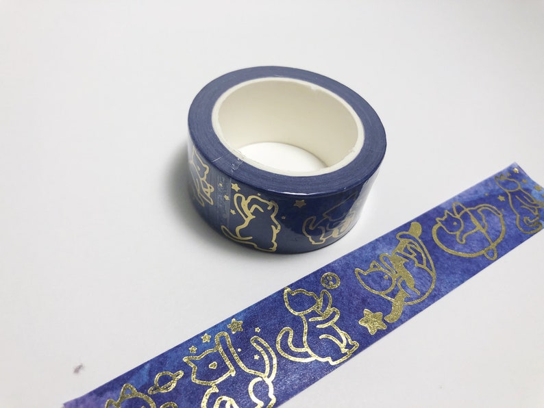 Space Cats Gold Foil Washi Tape Stars, Celestial, Purple, Blue, Watercolor, Kitty image 7