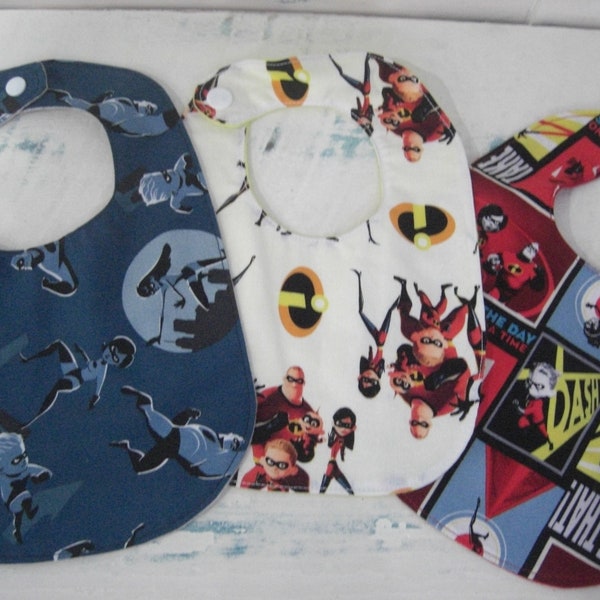 Baby bib super heros made with licensed Incredibles fabric, baby gift, gender reveal gift.