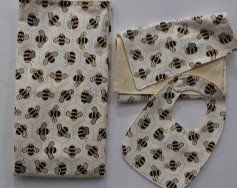 Baby bee gift set, 3 piece receiving blanket, bib and burp cloth. Nice gift for that spring baby or anyone whom loves these cute bees