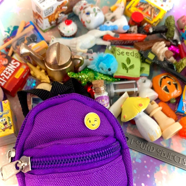 TiNy BACKPACK with TiNy Things/ Mystery Miniatures Book Bag/ Assorted Dollhouse Mini Items/ Small Odds and Ends/ Tiny Trinkets