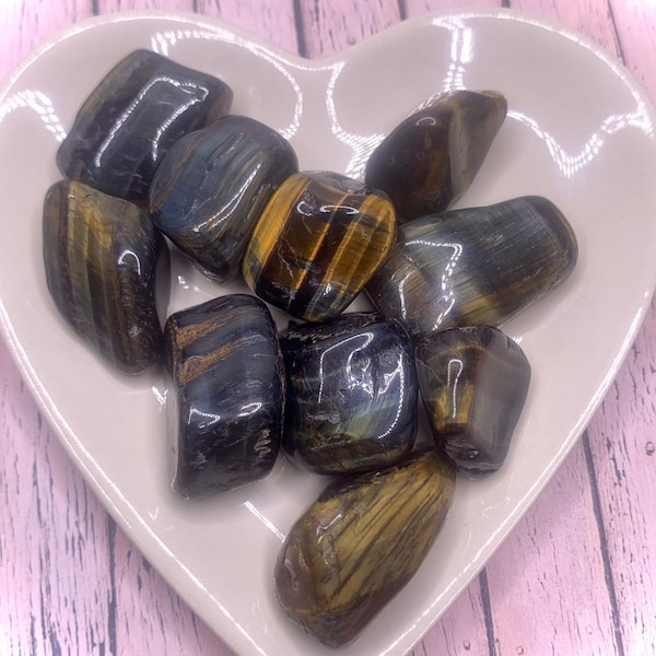 BLUE TIGERS EYE tumbled stone - polished Hawks Eye crystal - flashy healing stone - gold gemstone - stress and anxiety healing crystal