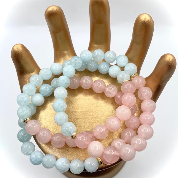 AQUAMARINE & ROSE QUARTZ stone bead bracelet, healing crystal stretch bracelet, pastel gemstone jewelry, natural stone bead, self love gift