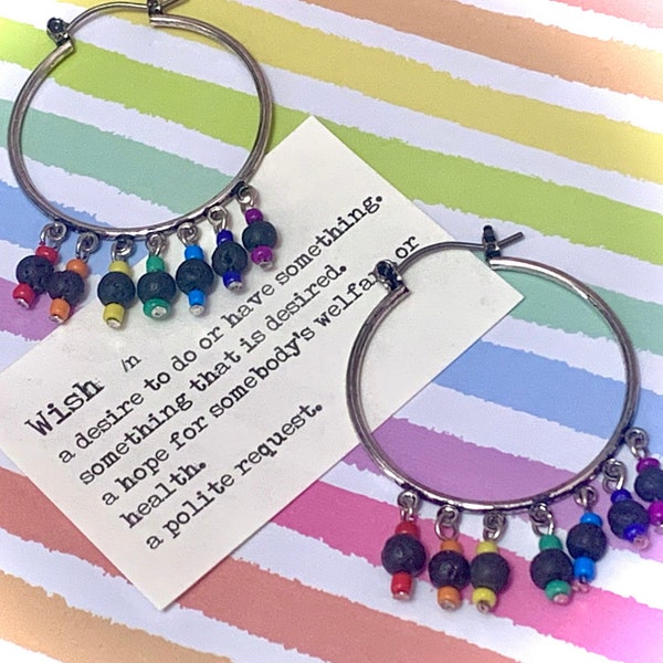 rainbow CHAKRA bead hoop earrings - lava stone - chakra jewelry - rainbow earrings - pride jewelry