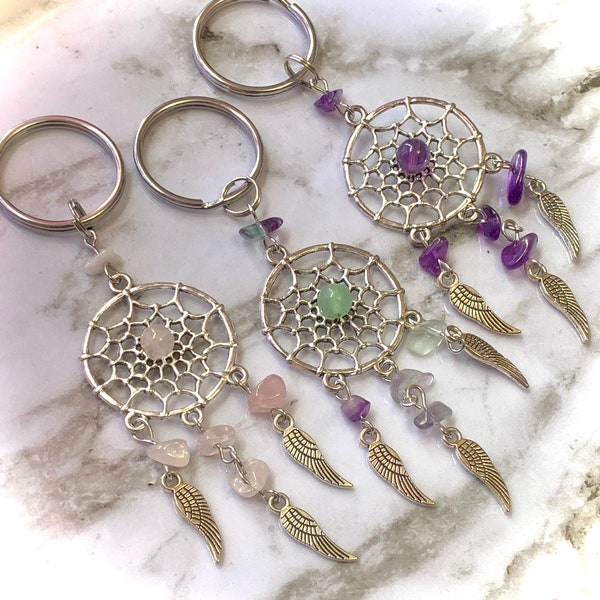 crystal DREAMCATCHER keychain, rainbow fluorite, amethyst, rose quartz, natural stone keyring, travel protection, driver gift, car accessory