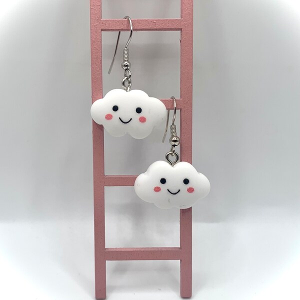 SMILEY CLOUDS dangle earrings, happy cloud danglers, puffy cloud earrings,  kawaii jewelry, quirky cute accessories, smiley face, girl gift