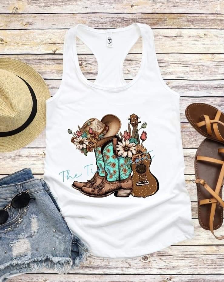 Just a Girl Who Loves Country Music Guitar Cowboy Hat Spurs T