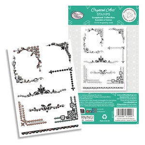 May include: A set of scrapbook stamps featuring various border and frame designs. The stamps include ornate corner pieces, decorative lines, and floral accents. The packaging displays the "Crystal Art" and "Craft Buddy" logos, along with the text "Scrapbook Collection: Borders & Frames."