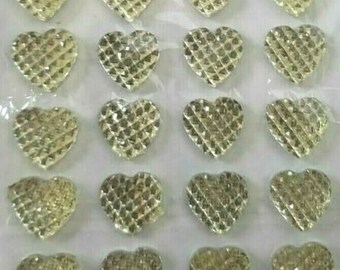 CraftbuddyUS 24pcs 16mm Self Adhesive Clear Diamond Heart Diamante Resin Gems
