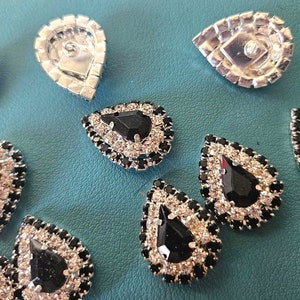 CraftbuddyUS 25mm x 18mm 10pcs Diamante & Black Faceted Teardrop Rhinestone Buttons