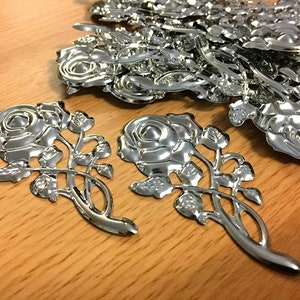 CraftbuddyUS 10pcs x 75mm x 40mm Decorative Metal Filigree Rose Flower Wedding Stick on Toppers
