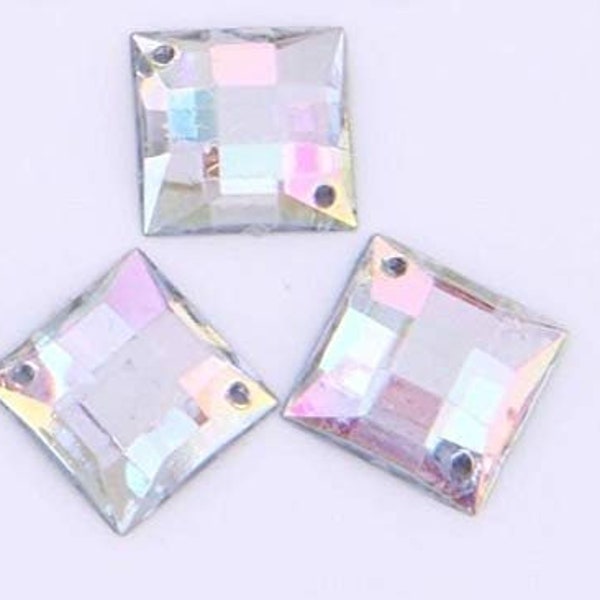 CraftbuddyUS 50 Pcs Acrylic 12mm Sew On Ab Clear Square Diamante Rhinestone Crystal Gems