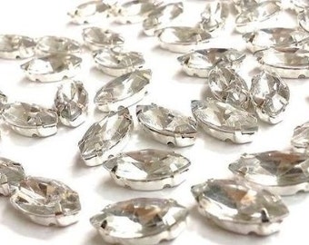 CraftbuddyUS 50pcs 7x15mm SEW ON Acrylic Marquis Oval Silver Set Crystals DIAMANTE Rhinestone