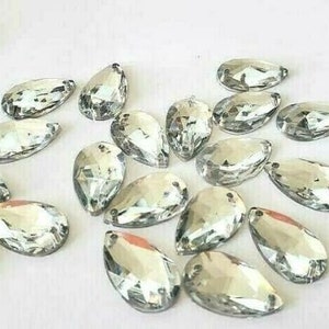 CraftbuddyUS 100pcs 18x11mm Sew On Clear Teardrop Acrylic Diamante Rhinestone Crystal Gems