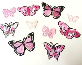 CraftbuddyUS 10 asstd PINK Iron on Stick on Sew on Fabric BUTTERFLY Motifs Embroidery Patch