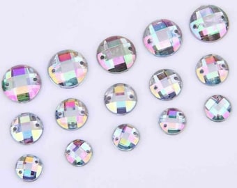 CraftbuddyUS 50pcs 8mm Round Sew On AB Clear Acrylic Diamante Rhinestone Gems