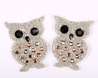 CraftbuddyUS IDM5M 7cm x 5cm One pair Owl Rhinestone Crystal Hotfix Iron on Motif Appliqué with Pink Stones