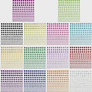 May include: A collection of adhesive rhinestone sheets in various colors, including purple, green, black, gold, pink, blue, red, and silver. Each sheet is filled with small, round, sparkling rhinestones, perfect for crafts and embellishments.