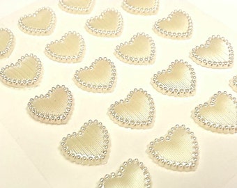 CraftbuddyUS 20pcs  Ivory Self Adhesiv14mm Acrylic Textured Pearl Heart Topper Gems