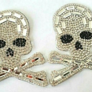 CraftbuddyUS IDM8 One Pair of 6cmx6cm Skull Rhinestone Diamante Hotfix IronOn Motif Applique